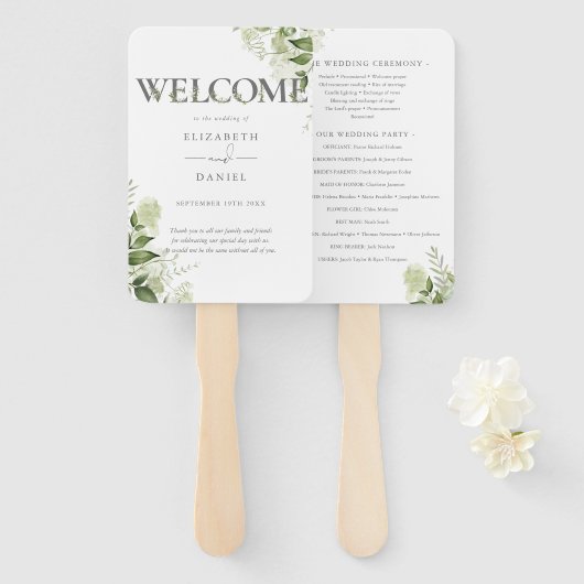 Groene Bloemtypografie Huwelijksprogramma Handwaaier (Voorkant en achterkant)