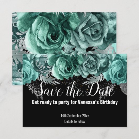 GROENE BLOMEN SAVE THE DATE ZWARTE RSVP KAART (Voorkant / Achterkant)