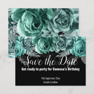 GROENE BLOMEN SAVE THE DATE ZWARTE RSVP KAART