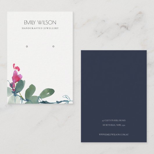 GROENE BLUE PINK EUCALYPTUS FOLIAGE EARRING DISPLA VISITEKAARTJE (Voorkant / Achterkant)