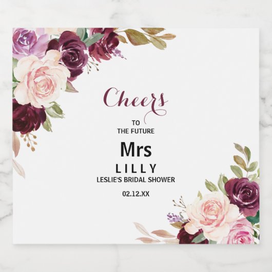 Groene Blush Bordeauwx Bloemige Bruids-Shower Sparkling Wijnetiket (Enkel label)