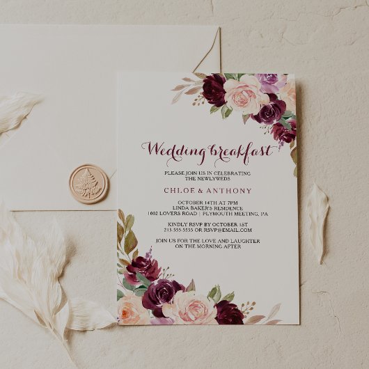 Groene Blush Bourgogne Bloemen Bruiloft Ontbijt Kaart