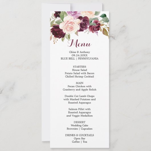 Groene Blush Bourgondië Bloemendiner Menukaart Kaart (Voorkant)