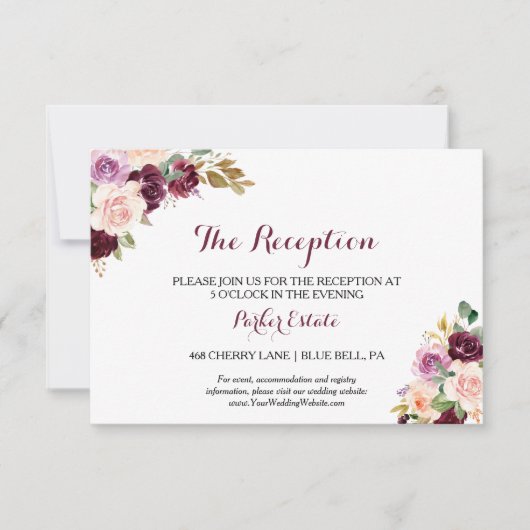 Groene Blush Bourgondiër Bloemige Trouwreceptiekaa Kaart (Voorkant)