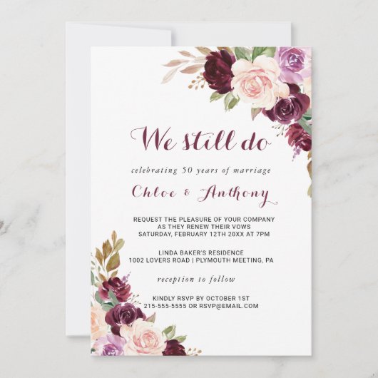 Groene Blush Bourgondiërse Bloemige Huwelijksbelof Kaart (Voorkant)