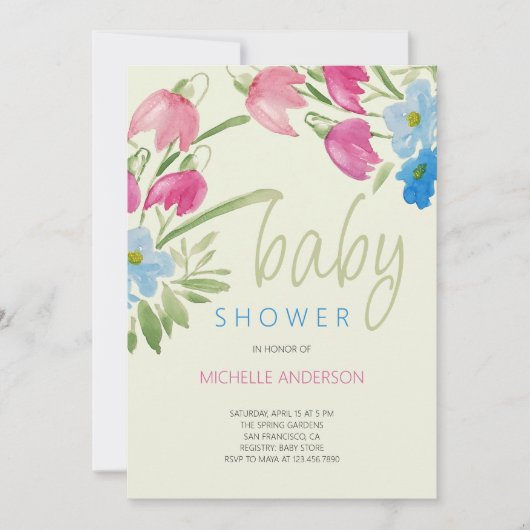 Groene Blush en Blauwe Floral Spring Baby shower Kaart (Voorkant)
