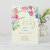 Groene Blush en Blauwe Floral Spring Baby shower Kaart (Staand voorkant)