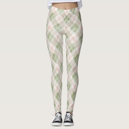 Groene Blush Roze Geruite Strepen Leggings (Voorkant)