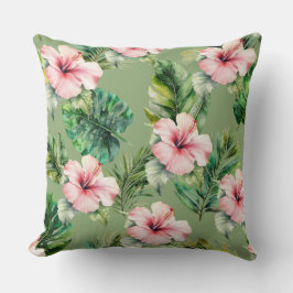 Groene Blush Roze Tropische bladeren Hibiscus Bloe Kussen