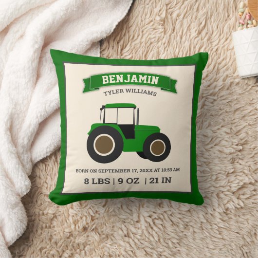 Groene Boerderij Tractor Baby Birth Stats Kussen (Deken)