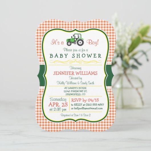 Groene Boerderij Tractor Boy Baby shower Uitnodigi Kaart (Staand voorkant)