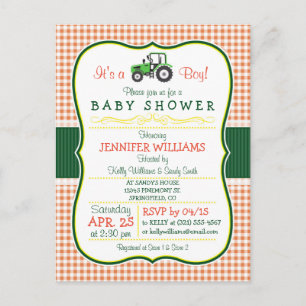 Groene Boerderij Tractor Boy Baby shower Uitnodigi Uitnodiging Briefkaart