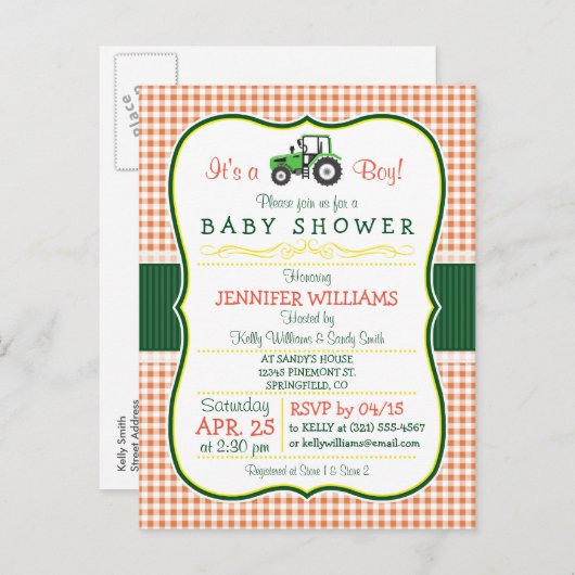Groene Boerderij Tractor Boy Baby shower Uitnodigi Uitnodiging Briefkaart (Voorkant / Achterkant)