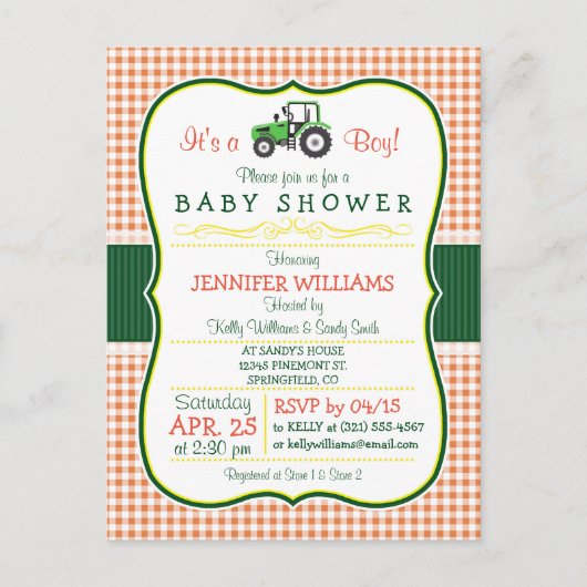 Groene Boerderij Tractor Boy Baby shower Uitnodigi Uitnodiging Briefkaart (Voorkant)