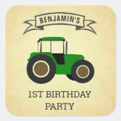 Groene Boerderij tractor kinderen Birthday Party Vierkante Sticker (Voorkant)
