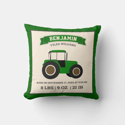 Groene boerentractor baby geboorte statistieken kussen (Voorkant)