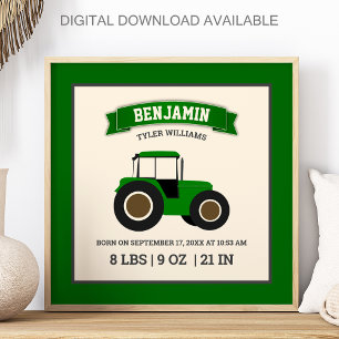 Groene Boerentractor Baby Geboorte Statistieken Poster