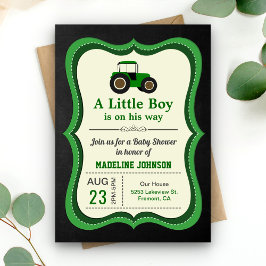 Groene boerentractor baby shower op schoolbord kaart