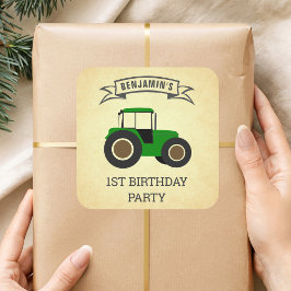 Groene boerentractor Kinderverjaardagsfeestje Vierkante Sticker
