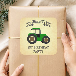Groene boerentractor Kinderverjaardagsfeestje Vierkante Sticker