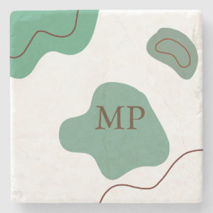 Groene boho abstracte vormen voegen monogramletter stenen onderzetter