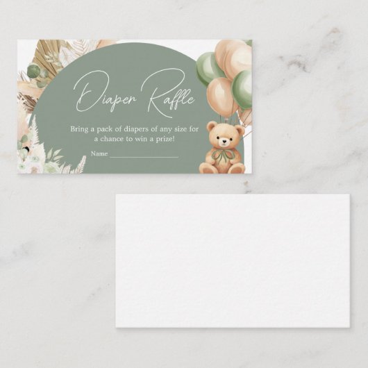 Groene Boho Beer ballon Baby shower luier Raffle Informatiekaartje (Voorkant / Achterkant)