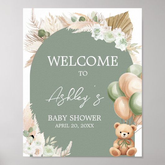 Groene Boho Beer Balloon Baby shower Welkom Poster (Voorkant)