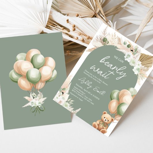 Groene Boho Beren ballon Baby shower Kaart