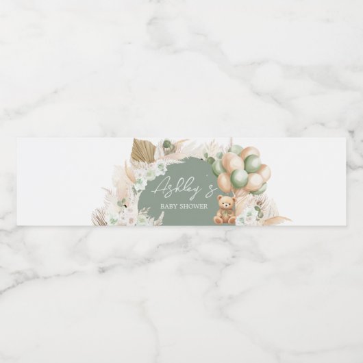 Groene Boho Beren ballon Baby shower Waterfles Etiket (Enkel label)