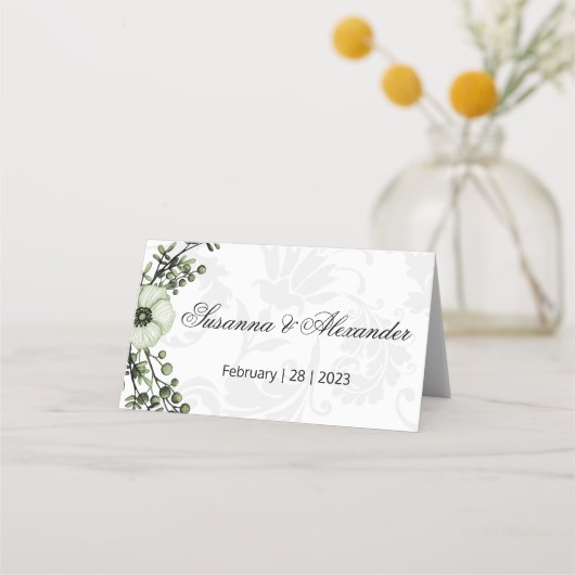 Groene Boho Berry krans grijs damast bruiloft Plaatskaartje (Voorkant)