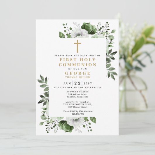 Groene Boho Bloemen Botanische Eerste Heilige Comm Save The Date (Staand voorkant)