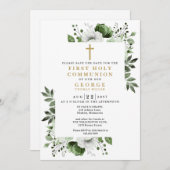 Groene Boho Bloemen Botanische Eerste Heilige Comm Save The Date (Voorkant / Achterkant)