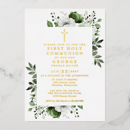 Groene Boho Bloemen Eerste Heilige Communie Goud Folie Uitnodiging