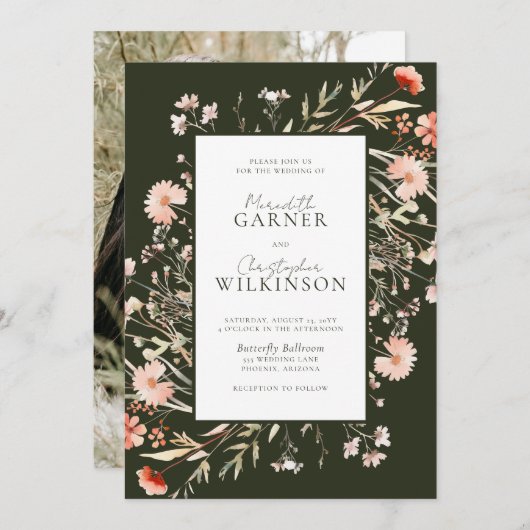 Groene Boho Bloemen Foto bruiloft uitnodiging (Voorkant / Achterkant)