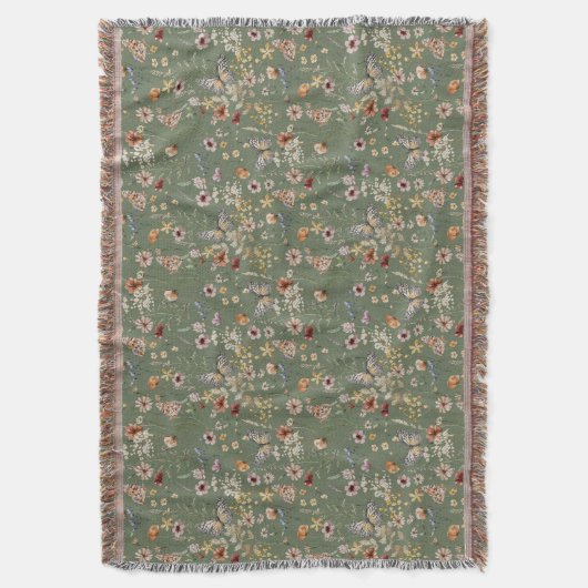 Groene Boho Bloemen Gooi Deken (Voorkant Verticaal)