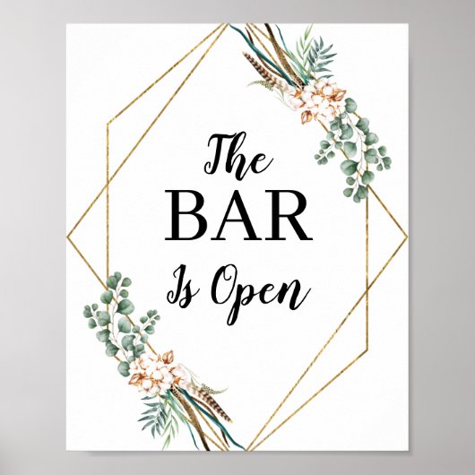 Groene Boho Glitter Frame Open Bar Menukaart Poster (Voorkant)