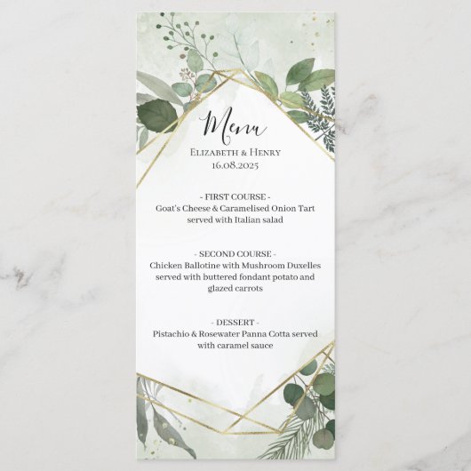 Groene boho gouden geometrische waterverf bruiloft menu (Voorkant)