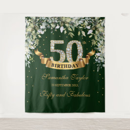 Groene boho-loof en goud 50ste verjaardag wandkleed