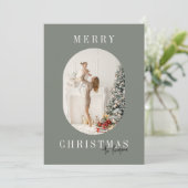 Groene Boho Oval Foto Kerstmis Feestdagenkaart (Staand voorkant)