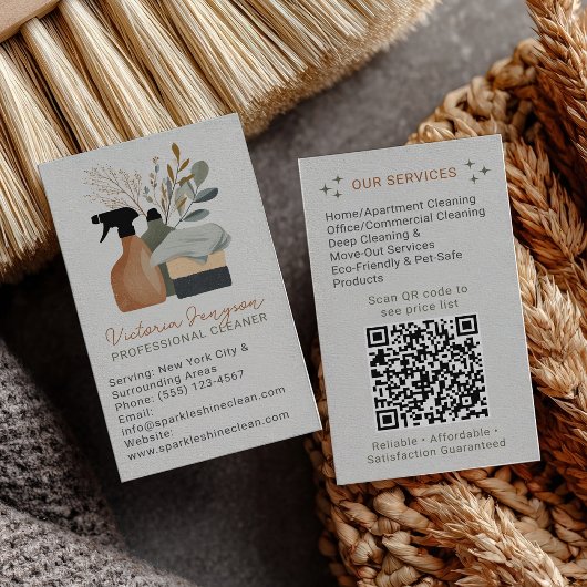 Groene Boho Schoonmaakdienst Dienstmeid QR-code Visitekaartje