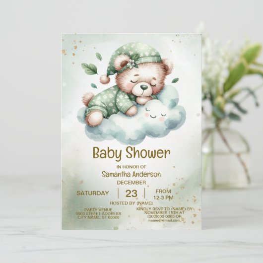 Groene Boho Sleeping Teddybeer Schattige Baby show Kaart (Staand voorkant)