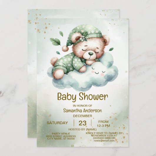 Groene Boho Sleeping Teddybeer Schattige Baby show Kaart (Voorkant / Achterkant)
