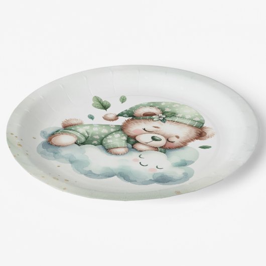 Groene Boho Sleeping Teddybeer Schattige Baby show Papieren Bordje (Gekanteld)