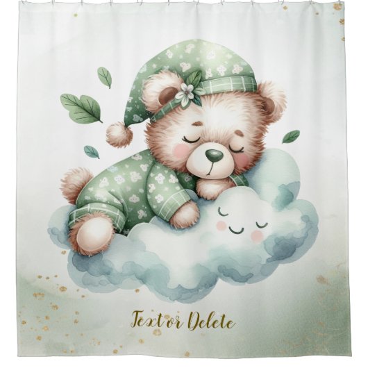 Groene Boho Sleeping Teddybeer Schattige Douchegordijn (Voorkant)