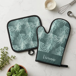 Groene Boho Tropische Blad Aangepaste Naam Monogra Ovenwant & Pannenlap Set