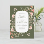 Groene Boho Wildbloemen Foto bruiloft uitnodiging (Staand voorkant)