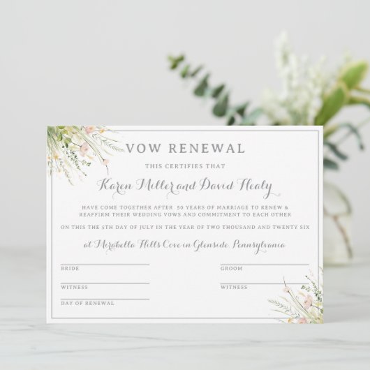 Groene Boho Wilde Bloem Trouwbelofte Certificaat Kaart (Staand voorkant)