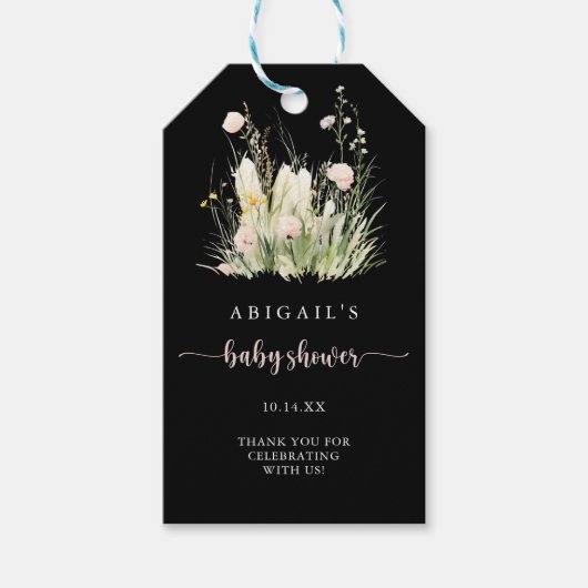 Groene Boho Wilde Bloem Zwart Baby Shower Cadeaulabel (Voorkant)