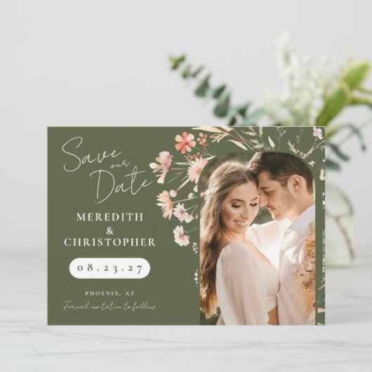 Groene Boho Wilde Bloemen Trouwfoto Save The Date (Staand voorkant)