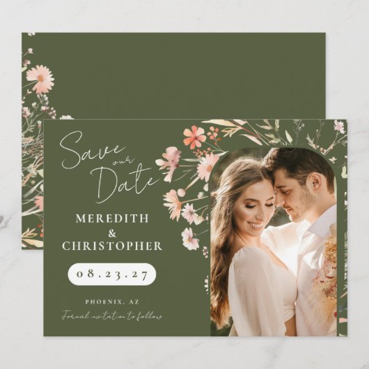Groene Boho Wilde Bloemen Trouwfoto Save The Date (Voorkant / Achterkant)